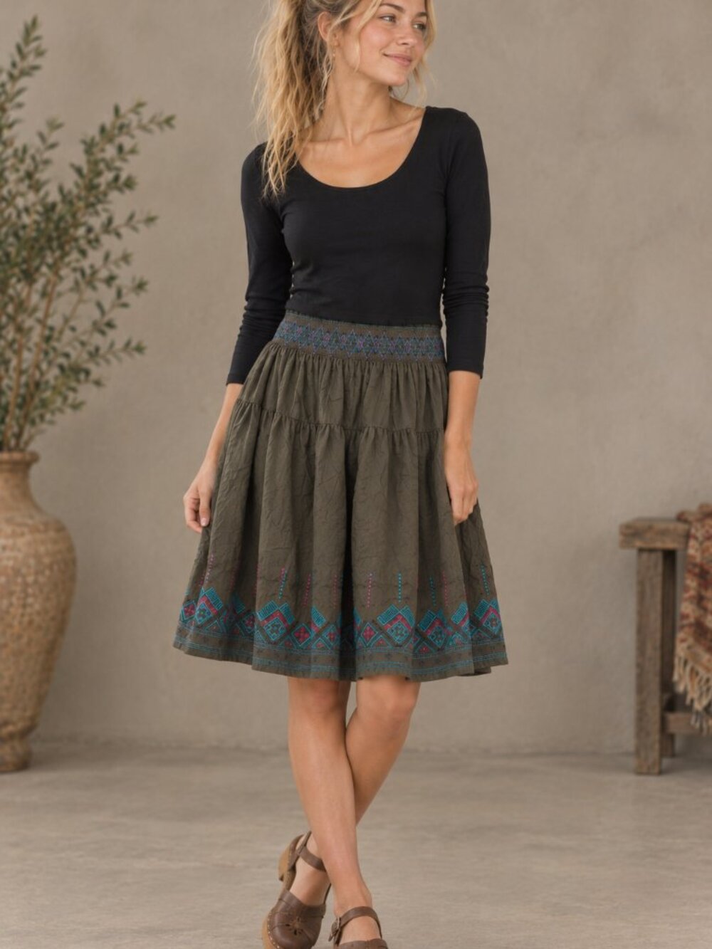 Vintage Old Navy Embroidered Smocked-Waist Midi Skirt